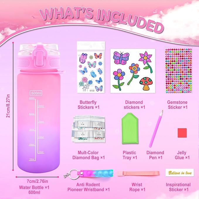 ASIOWELY Decorate Your Own Water Bottle Kits for Girls Age 4-12, Butterfly Flower Diamond Painting Art and Crafts Gift for Boys Age 4-6-8-10, Fun Gifts Toys for School Birthday Christmas