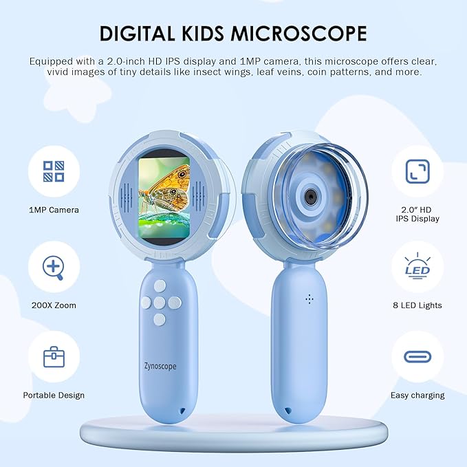 Kids Microscope with 100X Magnification,Minilabbies Handheld Portable Digital Digiscope for Children, Rechargeable STEM Educational Toy with LED Light, Science Kit Gift for Boys & Girls Ages 3+