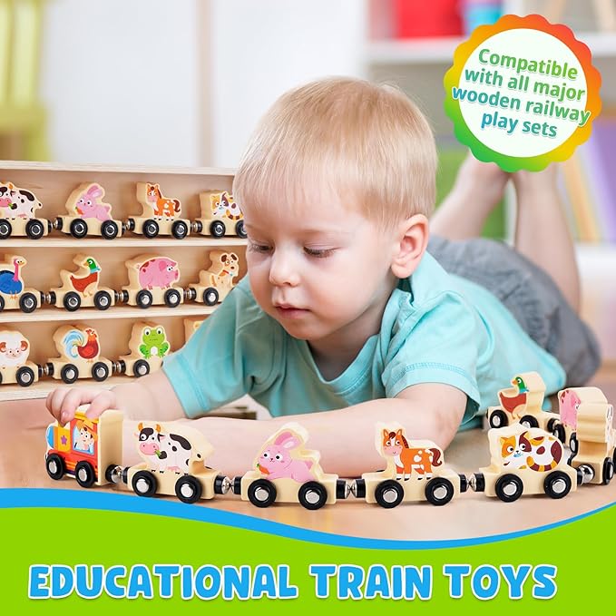 Montessori Wooden Train Toy for 1 2 3 Years Old Toddlers | 12 Magnetic Animals Train Kids Box, STEM Educational Toy with Game Map | 1st 2nd Birthday for Boys Girls