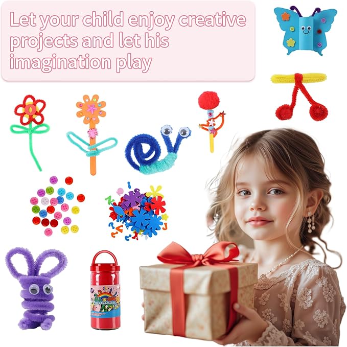 Qukou Arts and Crafts Supplies Kit for Kids- 550+ DIY Art Kit with Glitter Glue, Gem Stickers, Pompoms & Tools in Storage Jar Portable Travel Crafts for Ages 4+ Birthday, Christmas (Art Deco)
