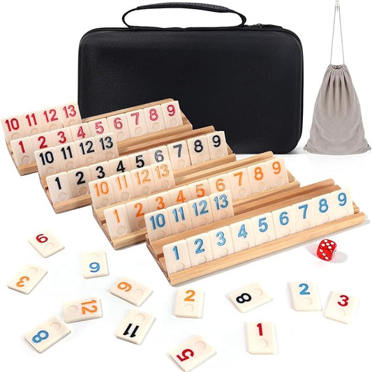 Upgraded 2-4 Players Rummy Cube Board Game Set with 4 Wooden Racks, 106 Tiles, Portable Case, Drawstring Bag and Dice, for Adults Friends Night Gifts Travel Party Sharpens Brain