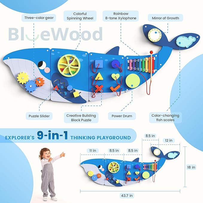 BlueWood Whale Wall Busy Board Panels, Toddler Learning Activity Center, Montessori Philosophy Sensory, Educational Toys, Conducive to All-Round Development