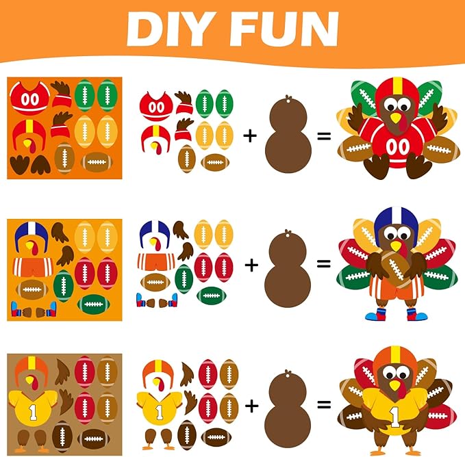 BeYumi 24 Sets Thanksgiving Foam Football Turkey Craft Kit DIY Give Thanks Rugby Turkey Handing Ornaments Decorations Fall Autumn Make A Turkey Craft for Kids Home School Classroom Party Activities