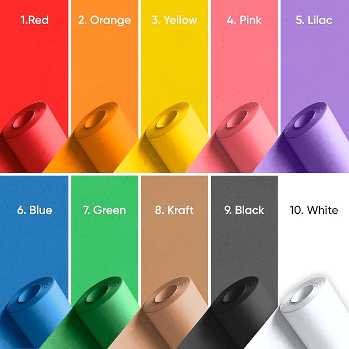 36" x 1200" (100 ft) Pack of 10 Rolls USA-Made Multi-Color Kraft Paper, 45 lbs/66 GSM – Colored Kraft Paper for Packing, Crafts, DIY Projects, Gift Wrapping – Non-Toxic, Safe for Kids