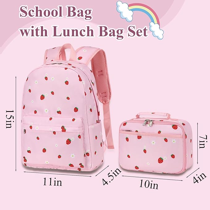 LEDAOU Kids School Backpack with Lunch Box for Girls Kindergarten BookBag School Bag Preschool Toddler Backpack (Pink Strawberry)