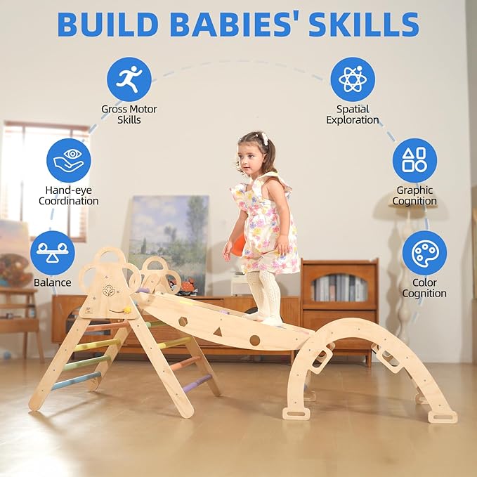 Pikler Triangle Set with Cushion, 9-in-1 Foldable Wooden Climbing Toys for Toddlers, Indoor Montessori Jungle Gym Set for Baby & Kid