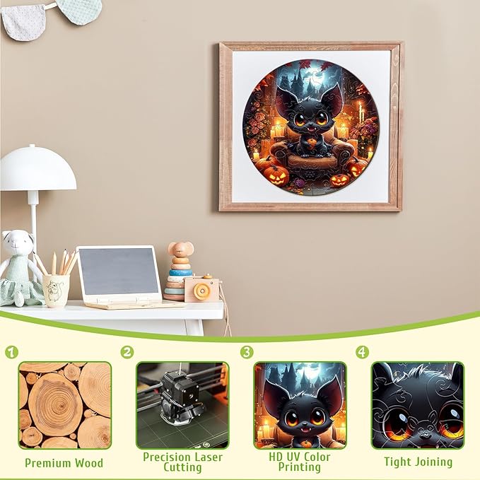 Wooden Puzzles for Kids Ages 4-6 - Halloween Black Bat 50 Pieces Children Puzzles - Large Pieces Kids Puzzle with Unique Shapes - Educational Puzzles for Boys and Girls (11.4 * 11.4 in)