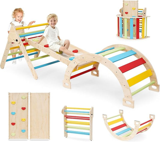Pikler Triangle Set for Toddlers, 7-in-1 Foldable Montessori Climbing Gym with Safety Strap, Indoor Wooden Arch, Ramp, Ladder for Active Play - Classic