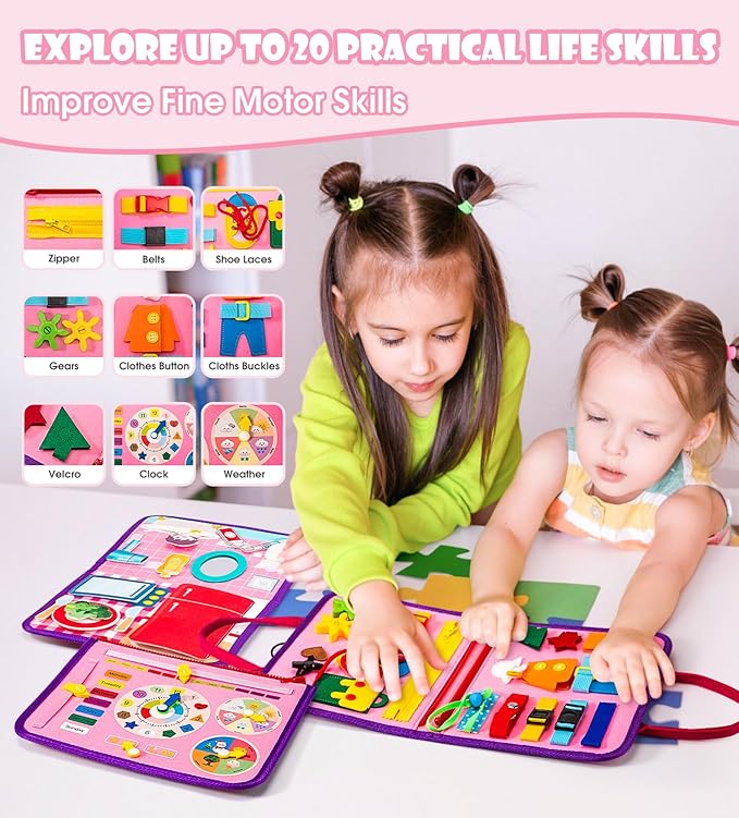 Guolely Busy Board Montessori Toys for 1-4 Year Old Girl Gift - 10 in 1 Sensory Learning Activities with Role-Play,Life Skill, Alphabet, Shape, Clock, Weather - Toddler Travel Toys for Airplane Car