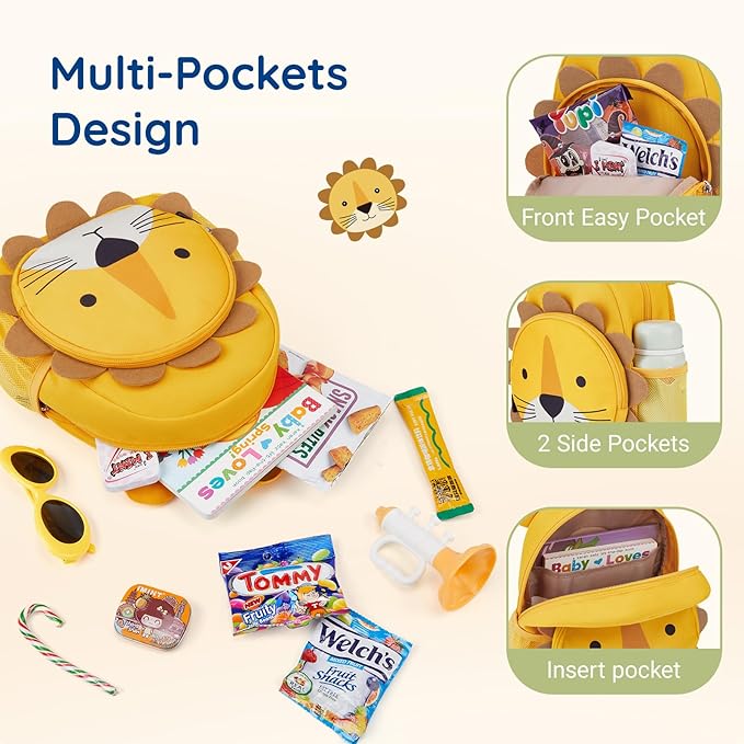 mommore Toddler Backpack for Boys Girls 2-4, 3D Cartoon Mini Kids Travel Bag, Small Baby Backpack with Toddler Leash, Chest Buckle, Water-Resistant Pre-K Schoolbag, Lion