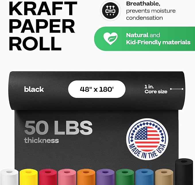 Black Paper Roll 48" x 2160" (180 feet) - USA-Made 50lb Thick Kraft Paper for Packing, Moving, Shipping, Wrapping, Crafts, Arts, Birthday Party - 100% Recycled Gift Wrap Material by IDL Packaging