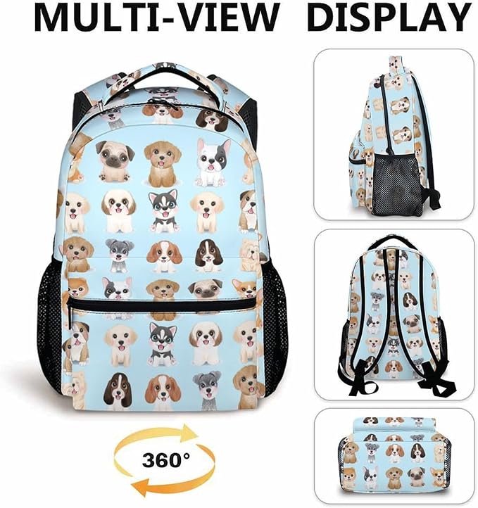 Dog Backpacks for Kids, Large Capacity Backpack for School, Cute Blue Doggy Print Lightweight Bookbag for Boys & Girls