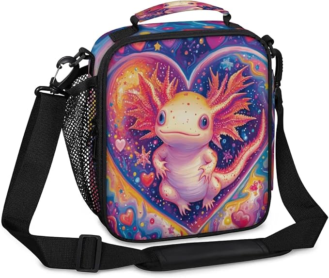 Insulated Lunch Box for Girls Kids Axolotl Lunch Bags Reusable Portable Lunchbox with Adjustable Shoulder Strap and Water Bottle Holder for Work School Travel