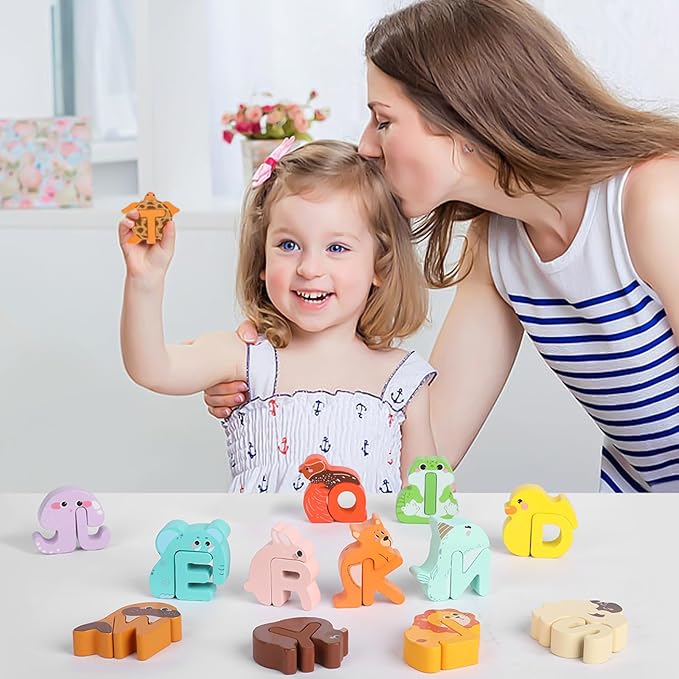Animal Alphabet Puzzle Matching Game - Wooden Alphabet Learning Toys, ABC Puzzles for Toddlers 2-4, Montessori Educational Toys for Kids Ages 3-5 Up
