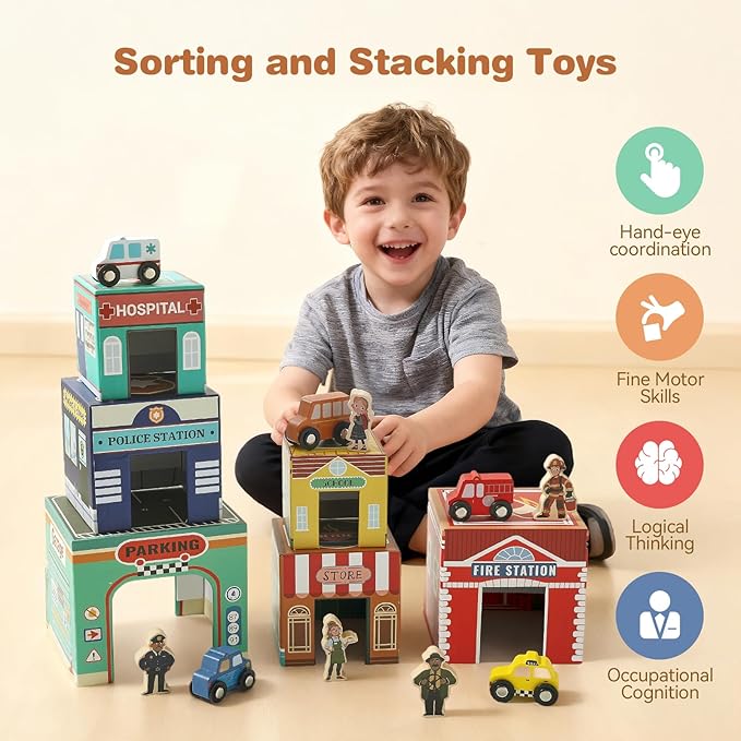 Youuys Sorting and Stacking Toys for Toddlers with Nesting Garages & Race Track & Wooden Cars & Community Helpers, Montessori Nesting Boxes for 1-3 Preschool Learning for 1 2 3 Boys Girls Gift