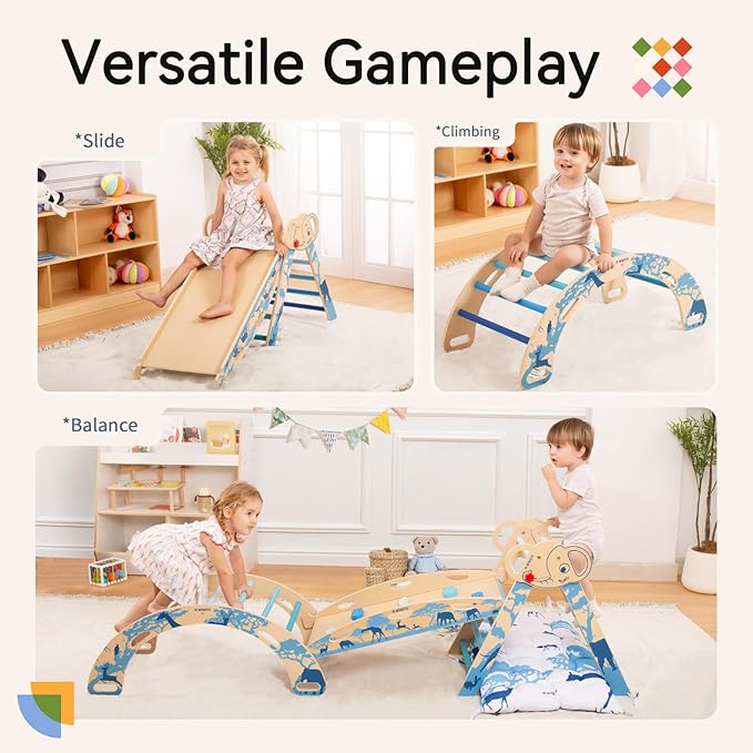 wingyz 8-in-1 Pikler Triangle Set-Wooden Baby Climbing Toys with Cushion,Arch, Ramp & Ladder | Montessori Toddler Climber Indoor Jungle Gym for Kids (Blue)