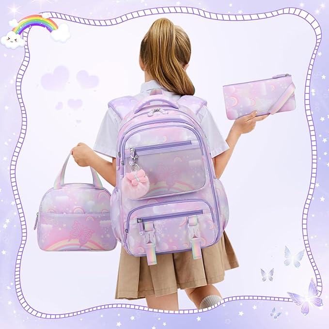 Backpack for Girls, Rainbow Butterfly Girls Backpacks with Lunch Bag Pencil Case Set, Kids Backpack Kindergarten Elementary Middle School Book Bag for Teen Girl Children Students