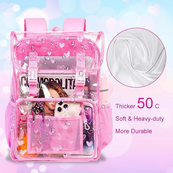 17" Heart Print Clear Backpack for Girls - 3Pcs Flip Design Stadium Approved Set, Campus/Travel Transparent Bookbag (Pink)