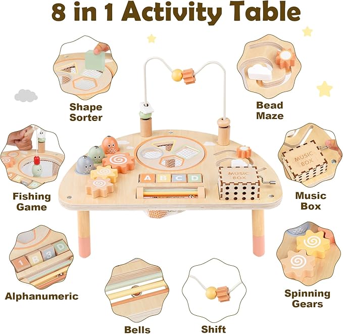 Activity Table for 1 Year Old, Montessori Toys for 1 2 Year Old Girls Boy Gifts, 8 in 1 Wooden Sensory Play Table for Toddler 1-3, Learning Toys for Baby 12-18 Months 1st Christmas Birthday Gifts