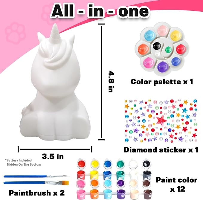 FUNZBO Paint Your Own Unicorn Lamp Kit - Arts and Crafts Supplies Painting Kits for Kids Teens Adults, DIY Night Light Unicorn Toy for Toddlers Girls Boys Age 3 4 5 6 7 8 9 10 11 12 13 + Birthday Gift