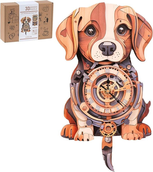 3D Wooden Puzzles for Adults, Beagle Clock DIY Kit with Pendulum, Beginner 28 Pcs Wooden Puzzles, Creative Gift Ideas for Adults and Teens