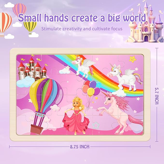 Wooden Puzzles Toys for Kids Ages 3-5, Set of 4 Packs with 20-Piece Unicorn Mermaid Princess Wood Jigsaw Puzzles, Preschool Educational Brain Teaser Toys for Girls 3 4 5 6 Years Old.