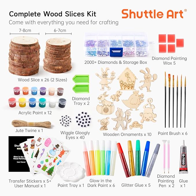 Kids Wood Painting Craft Kit, Glow-in-the-Dark Paint and Diamond Painting on Wood Slices with Stickers & Wiggle Eyes, Ideal Arts and Crafts for Kids Ages 5-12, Gifts for Halloween, Christmas, Birthday