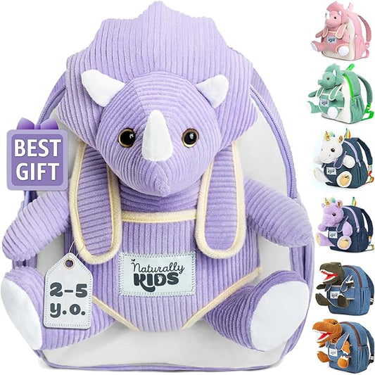 Naturally KIDS Purple Dinosaur Toys for Girls, Triceratops Toy, Dinosaur Gifts for 2 3 Year Old Girls, Toddler Backpack