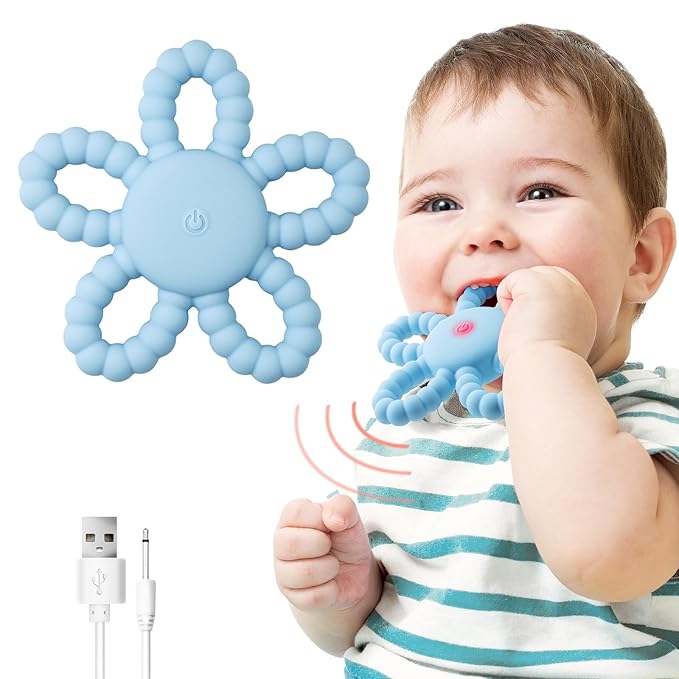 VViN Sensory Vibrating Chew Toy – Baby Teether for Autism Sensory Needs, USB Charging Teething Toy for 3-18 Months, Teething Relief & Easy to Grasp Design (Blue)