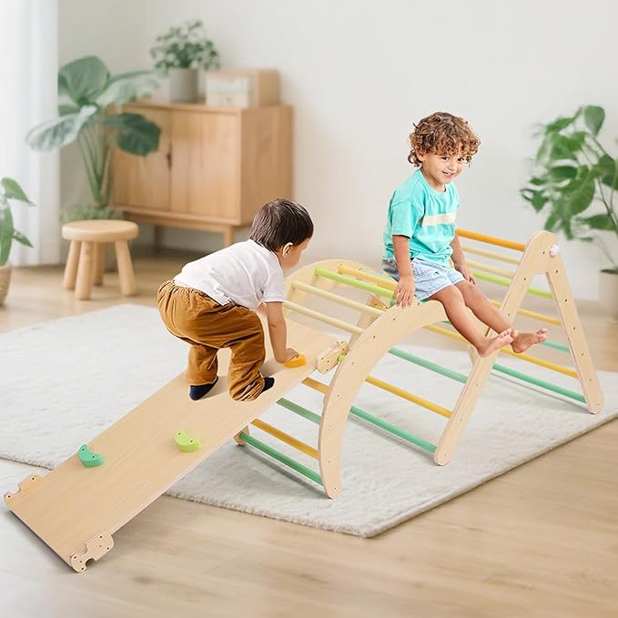 Pikler Traingle Set 7-in-1 Wooden Climbing Kits Toy Foldable Montessori Toy Jungle Gym Playing Sets with Arch-Ramp-Ladder Indoor Climber(Climbing Sets)