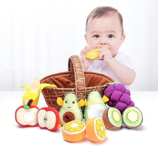 Jollybaby Plush Stuffed Cloth Fruit Food Toy Set for Toddler 1-3, Soft Fruit Basket Montessori Sensory Toy for 1 Year Old, Felt Pretend Fake Food Toy for Baby 0-6-12 Month, Newborn