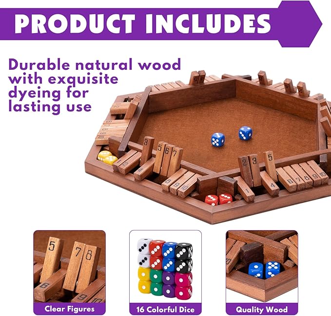 Shut The Box Premium Wooden Dice Game - Handcrafted Board Game 2-6 Players, Educational Math Learning Games for Kids Adults, Classic Pub Games Family Party Gift Set