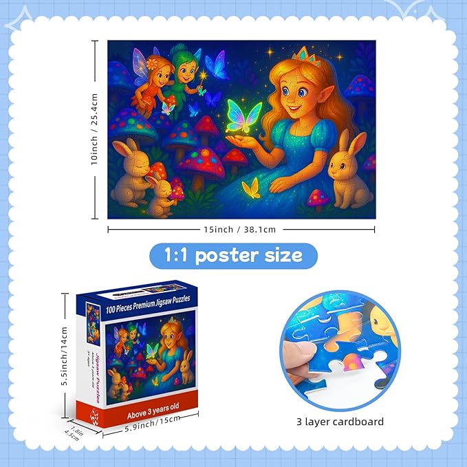 100-Piece Fairy Princess Puzzle for Kids Ages 4-6 6-8 8-10, Magical Forest Jigsaw with Elves, Bunnies & Glowing Butterflies –Educational Toys and Birthday Gift for Girls and Boys