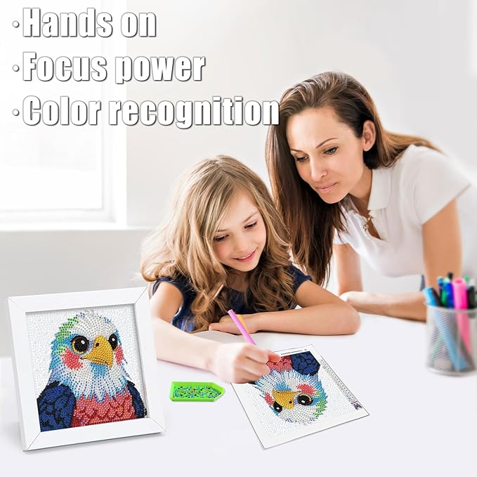 geesfayan Diamond Art Kits for Kids Ages 8-12,6 Inch DIY Gem Art Painting with 7 Inch Frame, Complete Starter Kit for Beginners, Creative Arts & Crafts Gift for Girls & Boys (Eagle)