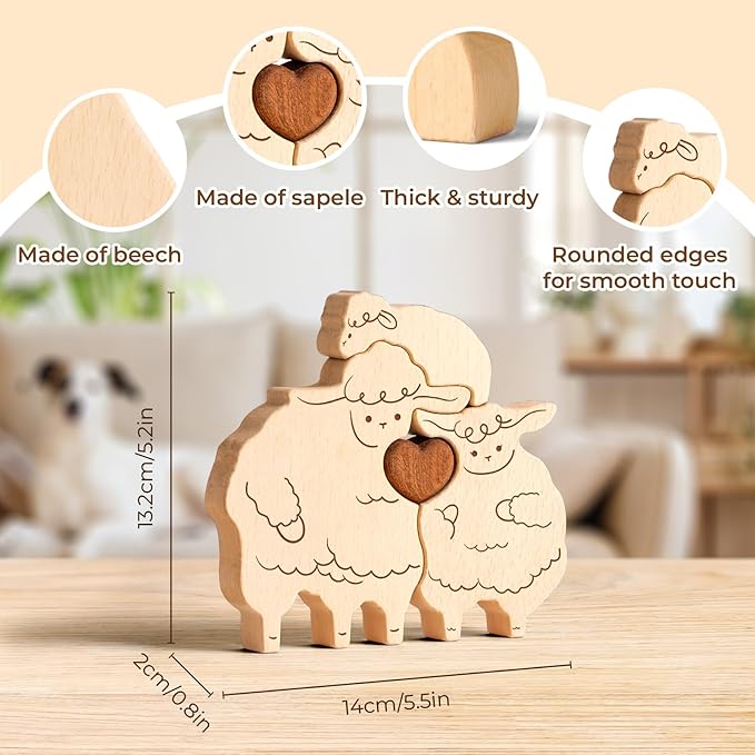 Wooden Sheep Family Puzzle Games, Personalized 4 Name Puzzle for Home Crafts Decor, House Warming Birthday Party Gifts for Mom Dad Grandma Kids New Baby, Wooden Bear Family
