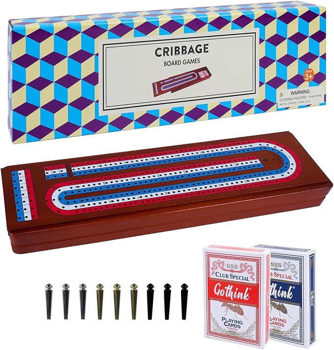 15 Inch Large Wooden Cribbage Board Game Set – 3-Track Scoreboard with Storage Slots for 2 Cards & 9 Metal Pegs – Portable Travel Table Game for Kids Adults & Family Night