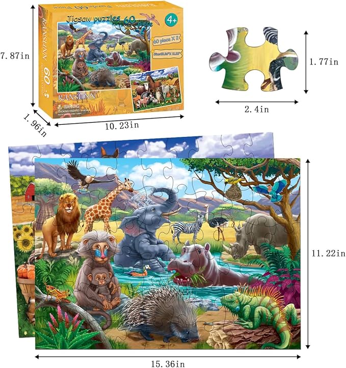 Puzzles for Kids Ages 4-8 Year Old - Farm & Wild Animal,2 Packs 60 Pieces Jigsaw Puzzle for Toddler Children Learning Educational Puzzles Toys for Boys and Girls.