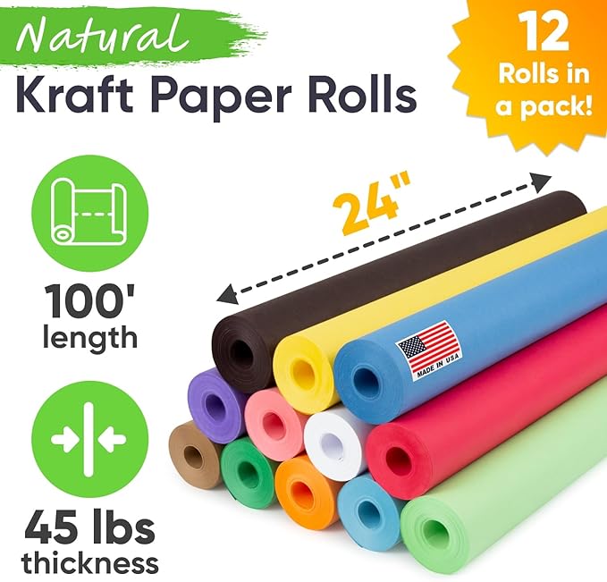 24" x 1200" Pack of 12 Rolls USA Made (100 ft) Multi-Color Kraft Paper Rolls Set, 45 lbs – Colored Paper for Arts and Crafts, DIY Projects, Gift Wrapping, Packing