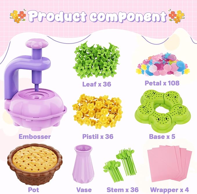 FUNZBO Fabric Flower Bouquets Toys Craft Kit, DIY Arts and Crafts for Kids Ages 4-6-8, Flower Making Toys for 4 5 6 7 8+Year Old Girl Birthday Gifts Ideas, Creative Activity Craft Flowers fot Toddler