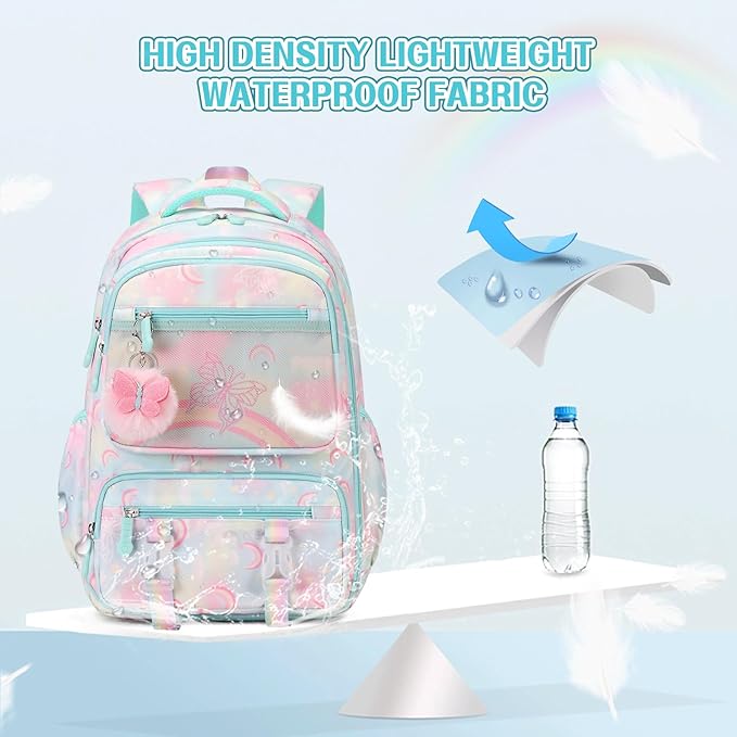 Rainbow Butterfly Backpack Set with Lunch Bag & Pencil Case, Kids' Kindergarten to Middle School Book Bag, Green
