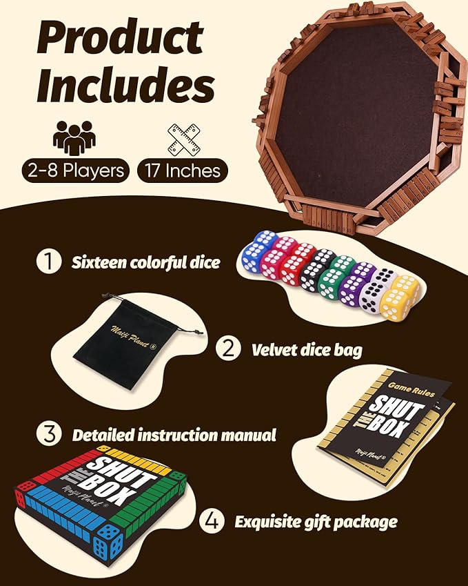 Deluxe 2-8 Player Original Shut The Box Game, Math Dice Board Game for Family Night Classroom Travel, Wooden Classic Table for Group Kid Adult Senior Travel Party Bar Easy Quick and Fun