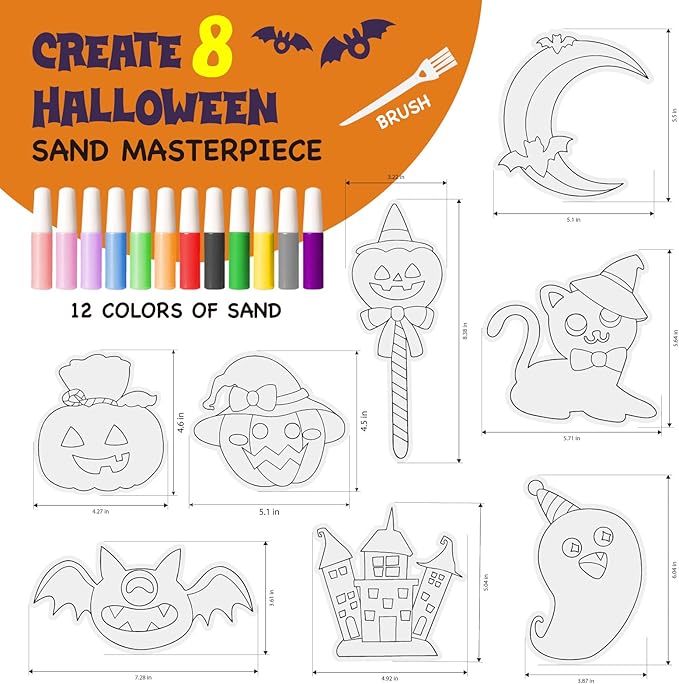 KwestSync Halloween Sand Art Crafts for Kids - Crafts for Kids Ages 4-8, 3-5, Halloween Party Favor with 8 Pumpkin, Ghost, Bat Sand Painting, Trick or Treat Goodie Bag Gifts for 4 5 6 7 8 Years Old