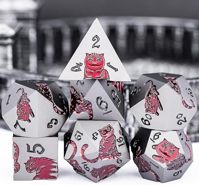 Metal DND Cat Dice 7PCS Polyhedral RPG Dice Set with Gift Case for Dungeons Dragons Role Playing Game, D and D Dice D6 D8 D10 D12 D20 D% (Grey Red)