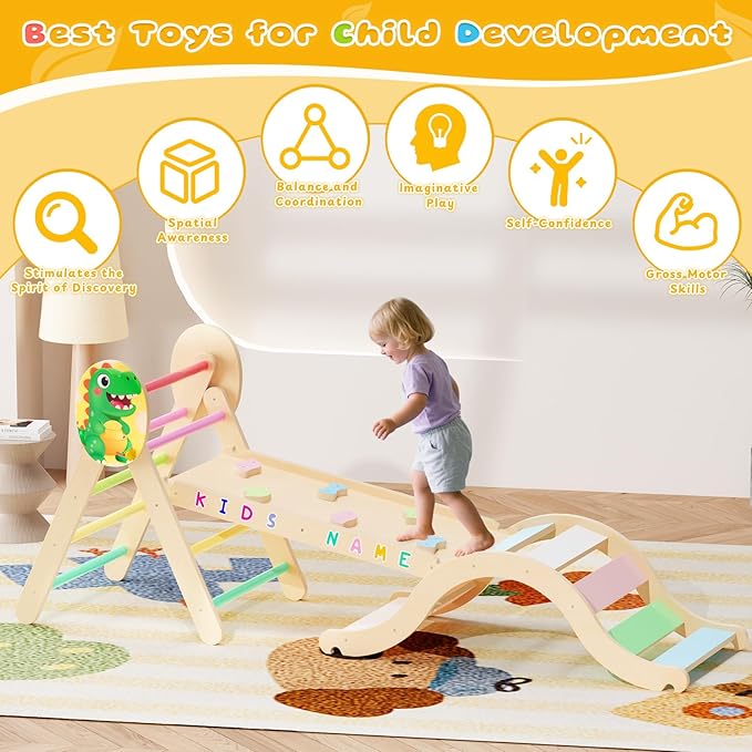 Acenova Pikler Triangle Climbing Set with Cushion and DIY Name Stickers, Montessori Wooden Climbing Gym for Toddlers 1-3, Indoor Jungle Gym, Dinosaur Pikler Triangle Arch Ramp Climber Toy