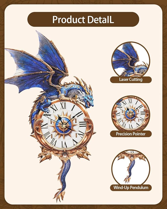 Rnfinewow 3D Wooden Puzzles for Adults, Wooden Puzzle for Adult Blue Dragon Wall Clock DIY Kit with Pendulum, Beginner 33 Pcs 3D Puzzles, Creative Gift Ideas for Adults Teens