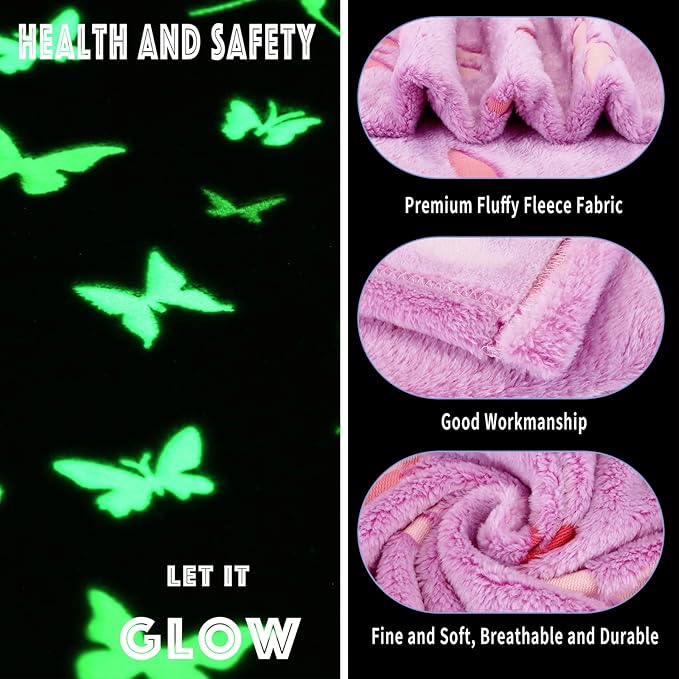 Glow in The Dark Blanket Butterfly Gifts for Kids Girls Birthday Christmas Bedroom Bed Room Decor Soft Cozy Fluffy Plush Fleece Premium Luminous Throw Fun Cool for Teen Toddler 50"x60"