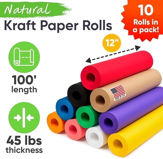 12" x 1200" (100 ft) Pack of 10 Rolls USA-Made Multi-Color Kraft Paper Rolls, 45 lbs/66 GSM – Colored Kraft Paper for Packing, Crafts, DIY Projects, Gift Wrapping – Non-toxic, Safe for Kids