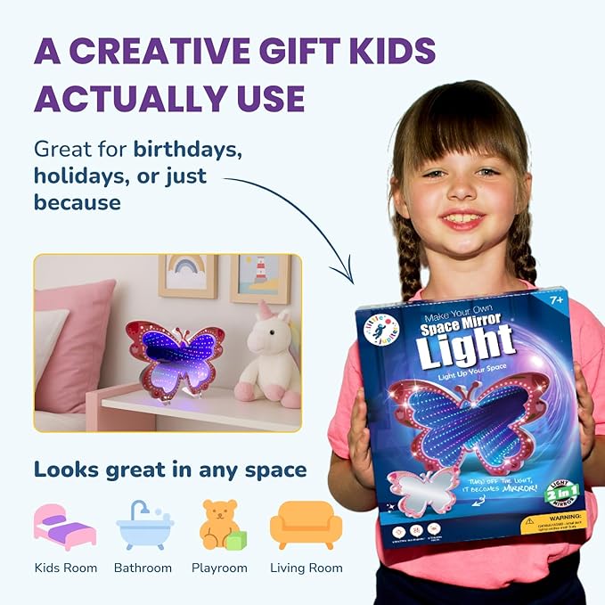 DIY Butterfly Space Mirror Light - 2 in 1 Mirror & Space Tunnel Effect with LED Lamps - Perfect Science Kids Arts and Craft Activity Kit for Girls 7-12 Years Old - Foam Craft with Gem Art Decorations