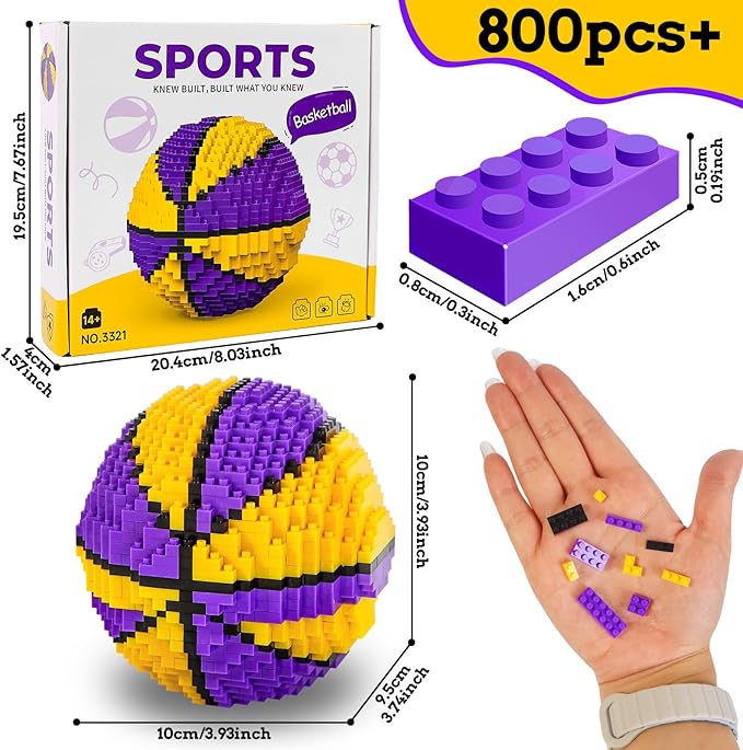 Basketball Building Blocks Set, 800 Pieces Adult Challenging STEM Purple and Yellow Building Blocks Decoration, Mini 3D Educational Toy, Realistic Basketball Model for Kids(800Pcs)