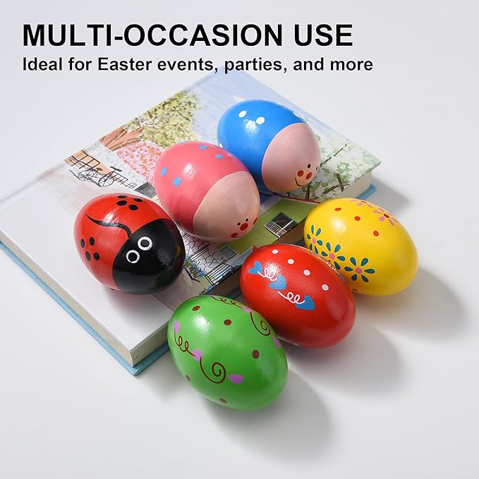 Easter Basket Stuffers - 6 Pcs Wooden Egg Shakers, Musical Percussion Instruments for Kids, Babies, Valentines